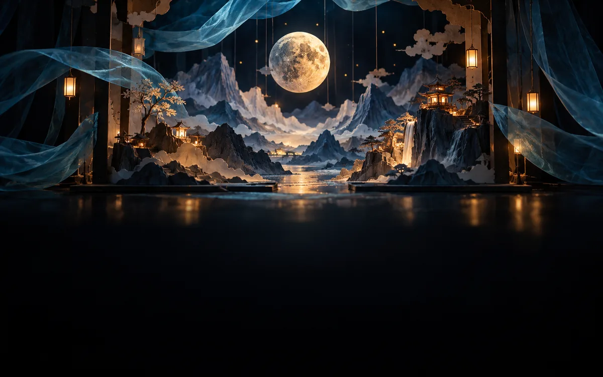 Paper moon above a miniature theatre, Pika AI concept illustration