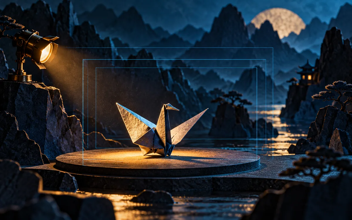 A tiny spotlight frames an origami bird on a paper stage