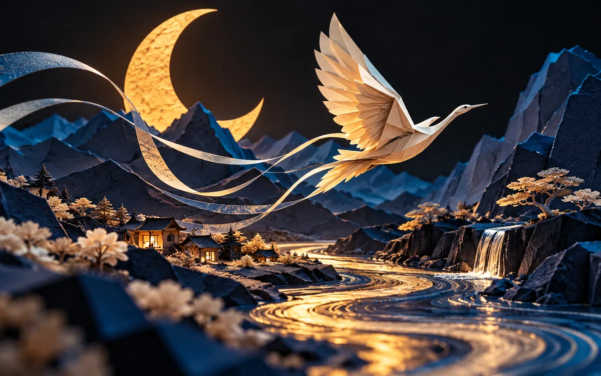A folded paper bird flies through a moonlit miniature landscape